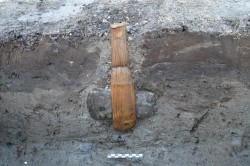 Axe with intact wooden shaft uncovered at Rødbyhavn, Denmark. Dates to the Stone Age, about 5,50 ...