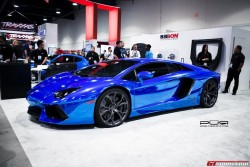 A blue  chrome Lamborghini Aventador.