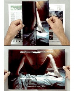 Publicity done right in an anti-rape campaign: double-page spread, pages glued to one another. A ...