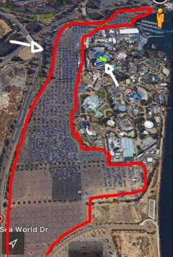 The red highlights the parking space at Seaworld, the green where the killer whales are kept.