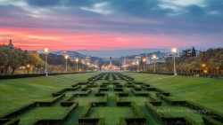 Sunrise over Parque Eduardo VII in Lisbon, Portugal