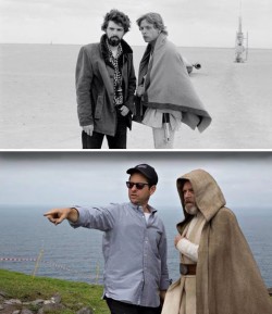 Mark Hamill and George Lucas in 1976…with JJ Abrams in 2015