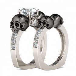2-Tone Round Cut Created White Sapphire Rhodium Plated Sterling Silver Skull Ring