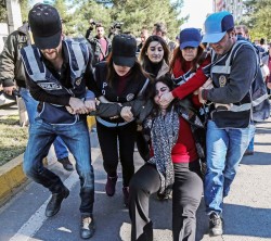 The moment Sebahat Tuncel, co-chair of Kurdish Democratic Regions Party was detained by police i ...