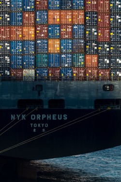 A packed cargo ship