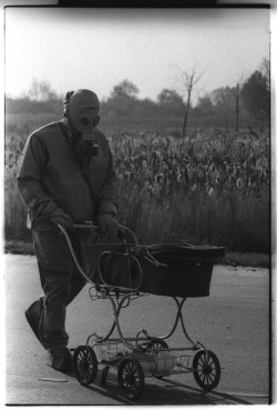 Technician pushes an abandoned baby in the immediate aftermath of the Chernobyl disaster