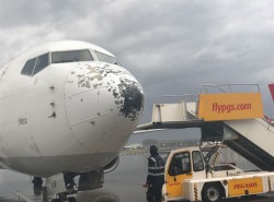 A pegasus plane at Istanbul airport caught in the massive hailstorm that hit Istanbul yesterday