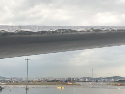 The leading edge of the wing of a pegasus plane at Istanbul airport caught in the massive hailst ...