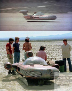 In Star Wars A New Hope 1977, all the wide shots of Luke flying across Tatooine in his speeder w ...
