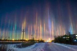 Extremely Rare Light Pillars; phenomenon caused when light is refracted by ice crystals.