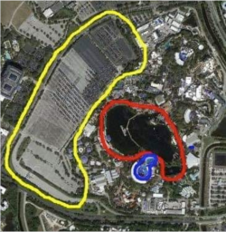 Sea World Orlando: in yellow is the car park, in red is a lake for humans to play on paddle boat ...