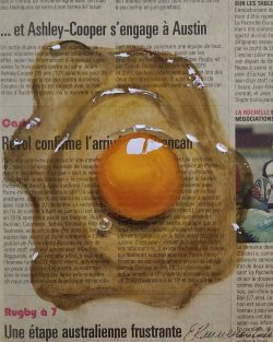 Raw egg on French newspaper, Elena Klimenko, Oil/Varnish on newspaper, 2021