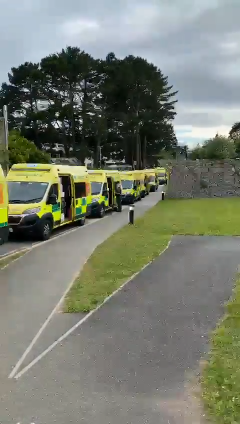 Treliske hospital summer 2021, 23 ambulances waiting at A&E
