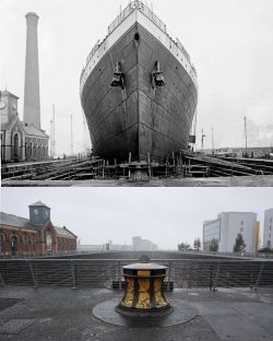 Titanic dry dock 1912 and 2015