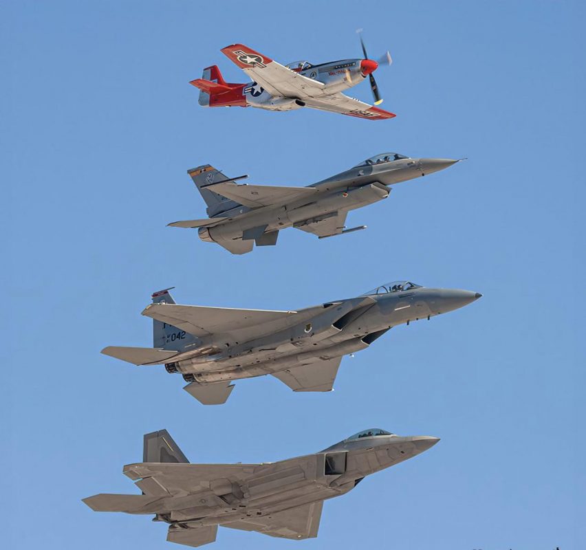 P-51 Mustang, F-16 Fighting Falcon, F-15 Eagle and F-22 Raptor inflight