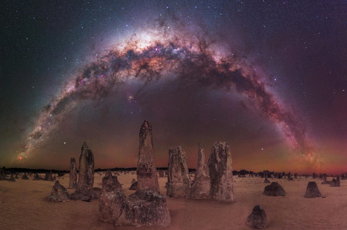 This is a 220 degree, horizon to horizon panorama of the Milky Way at The Pinnacles Desert in We ...