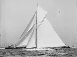 Racing yacht ‘Reliance’, the largest gaff-rigged cutter ever built (note the size of ...
