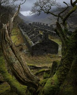 Beautiful abandoned miners’ cottages in a disused slate quarry in Snowdonia, North Wales.  ...