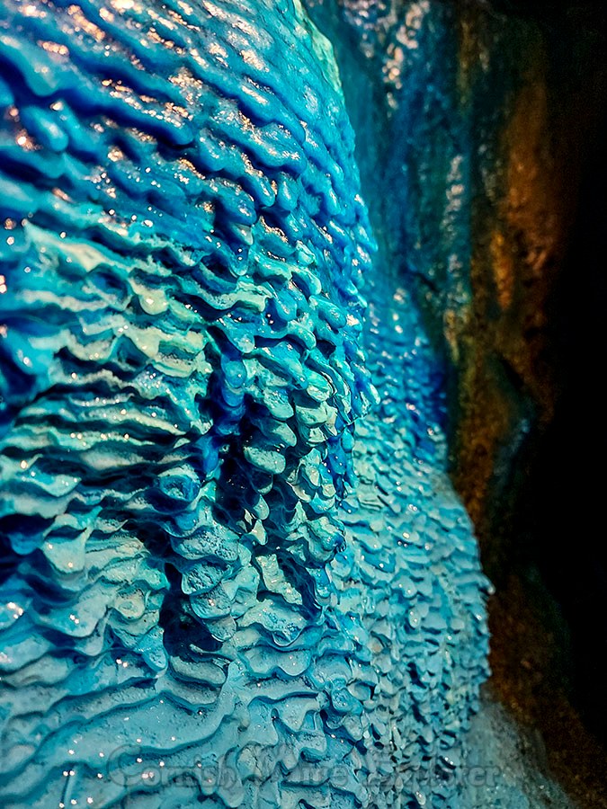 A close up of the stunning blue formations in a 1850’s Cornish copper mine level