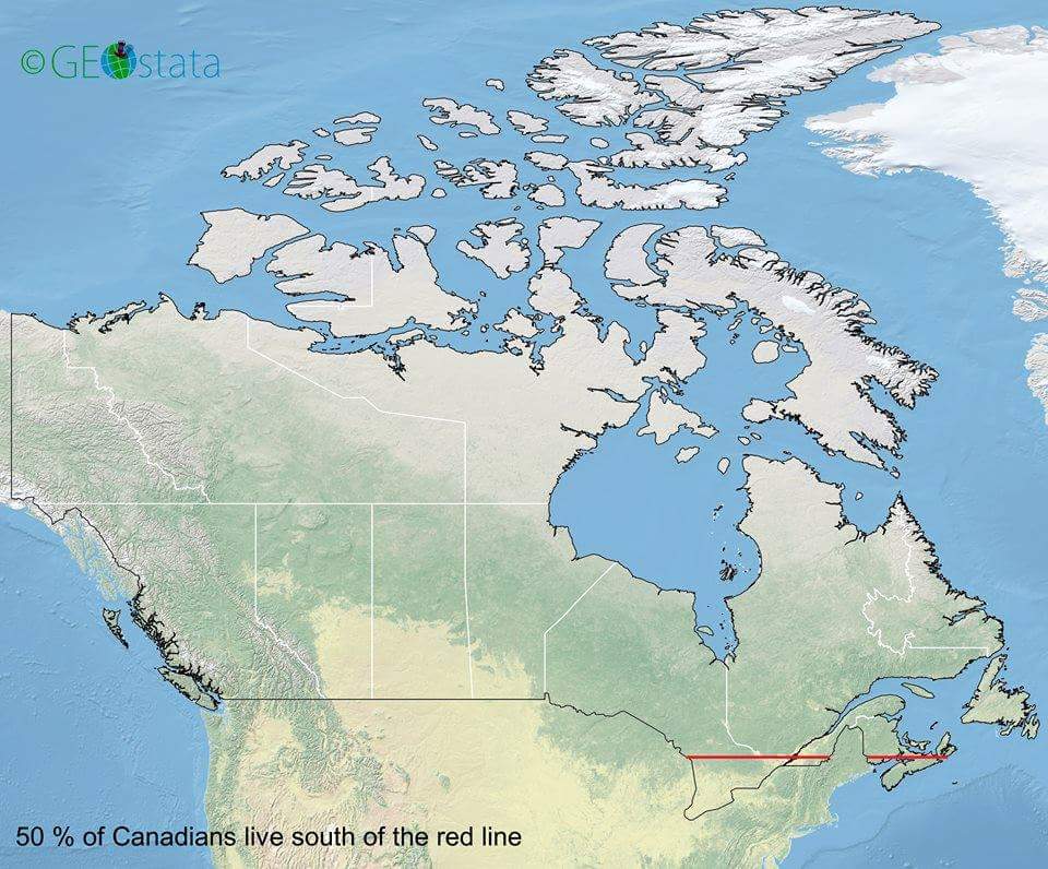 50 % of Canadians live south of the red line.