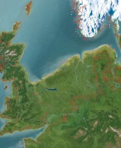 Doggerland approximately 11,000 years ago during the onset of the Holocene Epoch. The red outlin ...