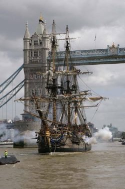 Perfect replica of the 282-year-old East India trading company ship returning to the Thames in L ...