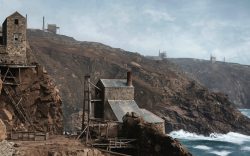 Working crown engine houses. botallack, colourised real photo